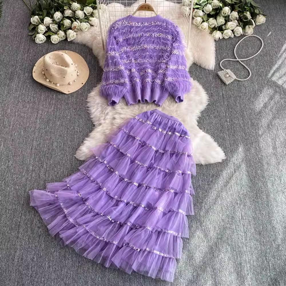 Autumn Winter Women Two Piece Set Small Fragrant V Neck Furry Knit Cardigan Sweater Coat And Sequined Cascading Mesh Long Skirt Suit