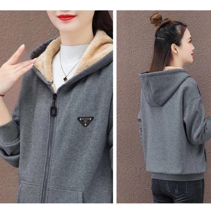 Plus Velvet Thick Warm Jacket Women's Autumn and Winter Plus Size Hooded Loose Fat Jacket Trend