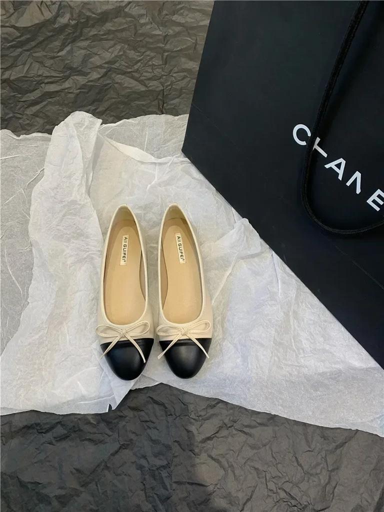 Fashion Women Leather Flat Shoes Fashionable Round Toe Casual Ballerina Bow Ballet Shoes Soft Moccasin Black with Beige  Lolita Shoes