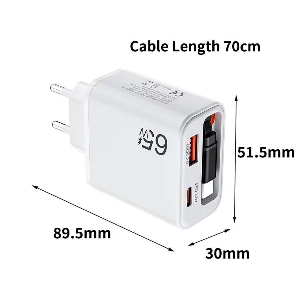 Multi Port Charging 65W Super Fast Charger Built In Cable GaN Charger Home and Office Use