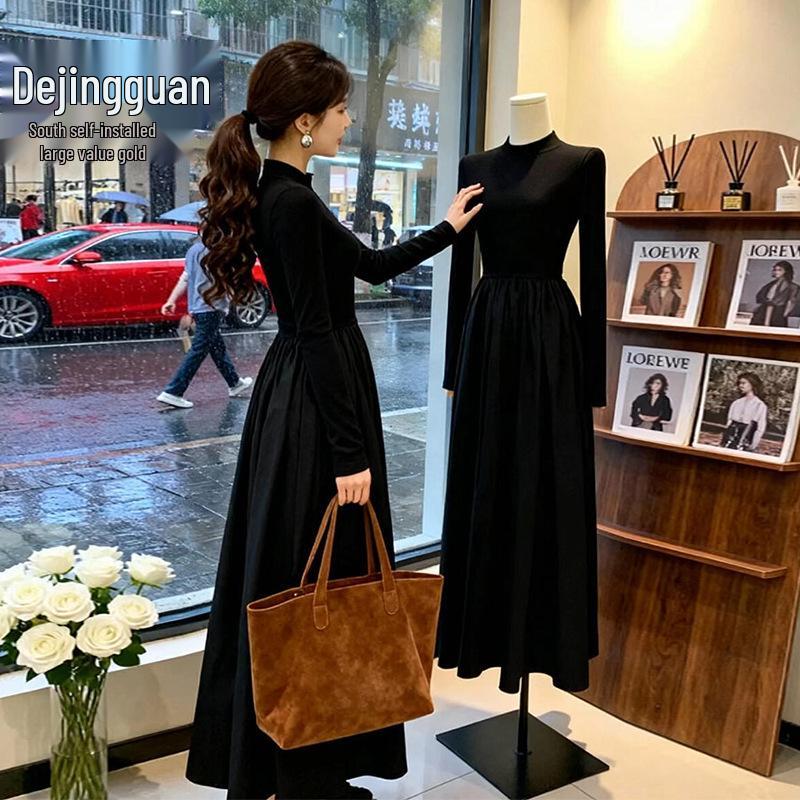 

2025 New Petite Black Knit Dress - Autumn/Winter Hepburn Style Long Skirt S Petite, Fitted Waist, Trendy