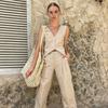 Costum de vară din bumbac și in, fără mâneci, vestă vestă vestă pantaloni, costum pentru femei 1116 Nouă modă casual europeană și americană, piesă vestimentară din două piese pentru femei