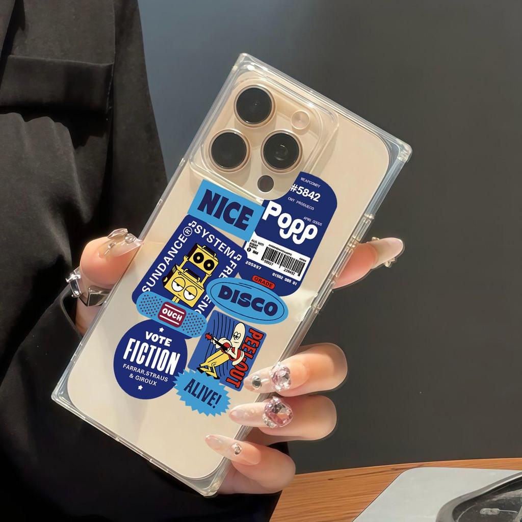 Transparente Quadratische Rückseite Röhrenhülle Schutz Für iPhone 12 13 16 ProMax 14 Pro Max 11 15 Plus Anti-Sauerstoff, Niedliches Cartoon Englisches Muster Hülle