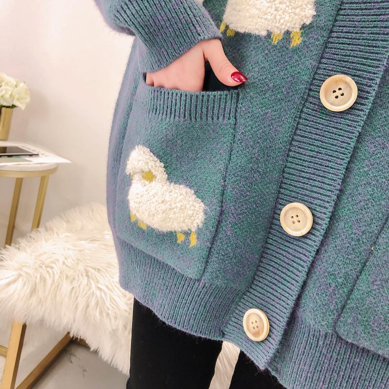 Nadměrná velikost Úzký pletený svetr střední velikosti Dámská Kapsa na knoflík Dekorace Kreslený Neformální svetr Cardigan Ženy jaro podzim 2020