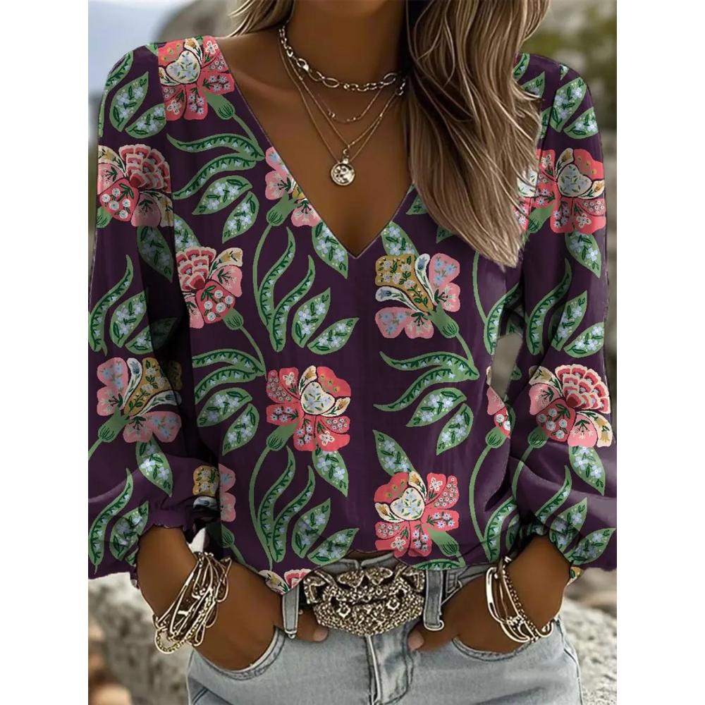 

Bohemian V-neck long-sleeved floral-print balloon-sleeve women s top for party wear, suitable for summer vacations and outdoor gatherings XXL