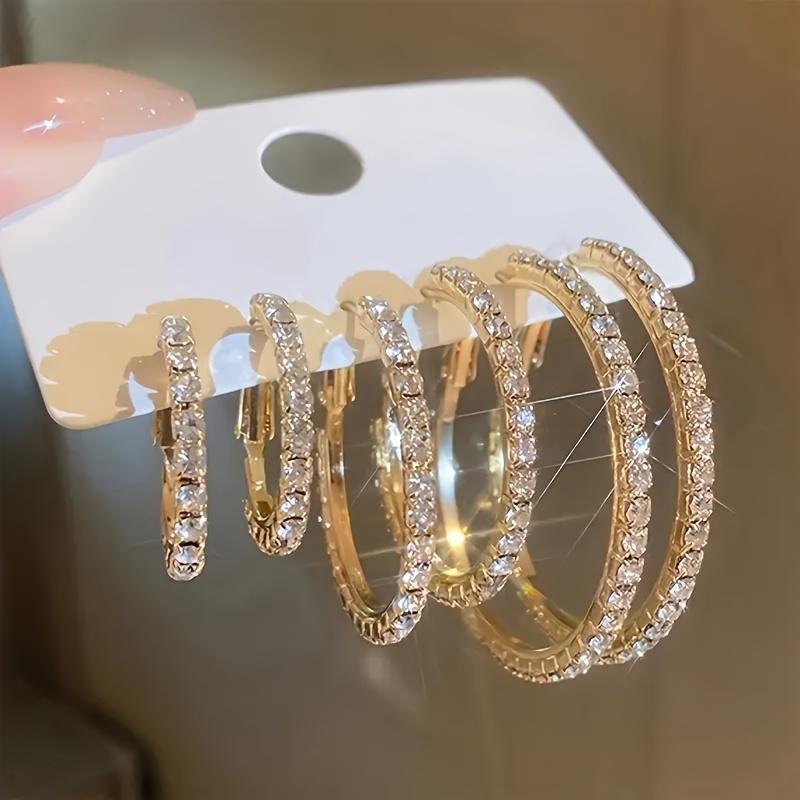 European & American fashion sparkling earrings, minimalist & high-end. Creative exaggerated large/medium/small hoop design, sold as 3-pair set.