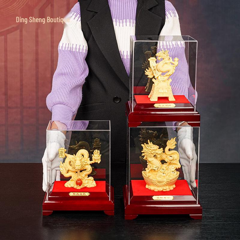 Flocked Gold Dragon Zodiac Ornament for Year of the Dragon - Wealth-Attracting Decoration and Business Gift