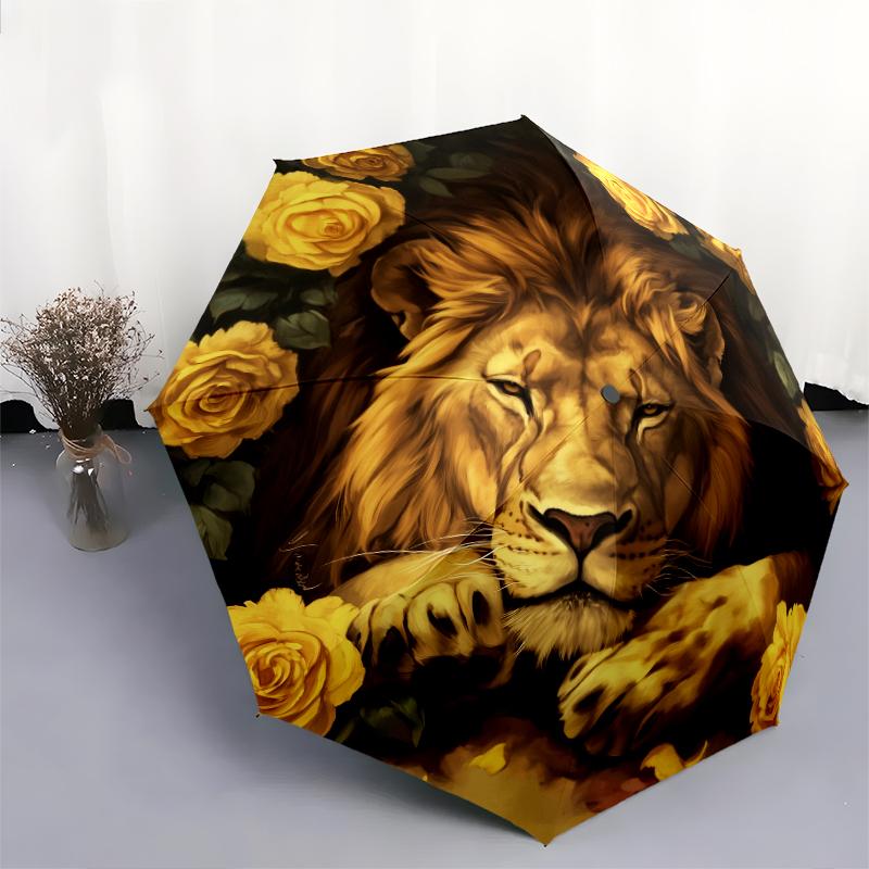 Lion and Rose pattern, automatic folding umbrella, portable and foldable design, 8 ribs, a Christmas or birthday gift.