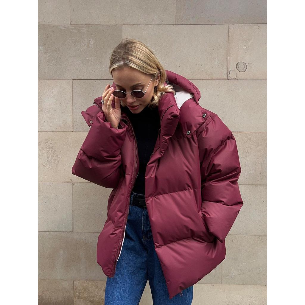 Women's Stand Collar Long Sleeve Detachable Hood Puffer Jacket Loose Fit Streetwear Winter Cotton Coat