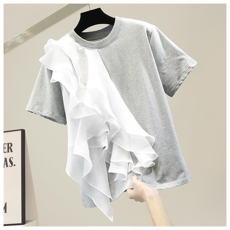 Summer Holiday O-neck Tops Women Ruffled Stitching Blouse Fashion Short Sleeve Tunics Casual Loose Solid Blusa Femme