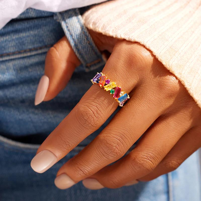 Geometric Bright Multicolor CZ Stone Ring Young Lady Fashion Finger Accessories Trendy Engagement Band Jewelry for Women