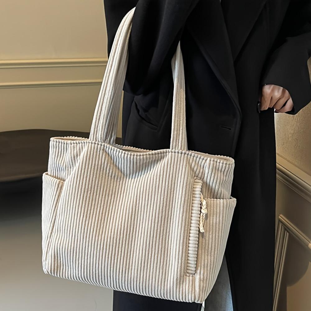 A Casual Corduroy Handbag with Zip Closure, Lightweight and Large Capacity, Fixed Shoulder Strap and Polyester Lining, Solid Everyday Commuter Handbag