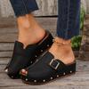 Women's Beige Wedge Sandals - Comfortable Open-Toe Slip-On Clogs with Buckle Straps & Studded Sole, Casual Summer Platform Shoes in Red, Black, or Tan