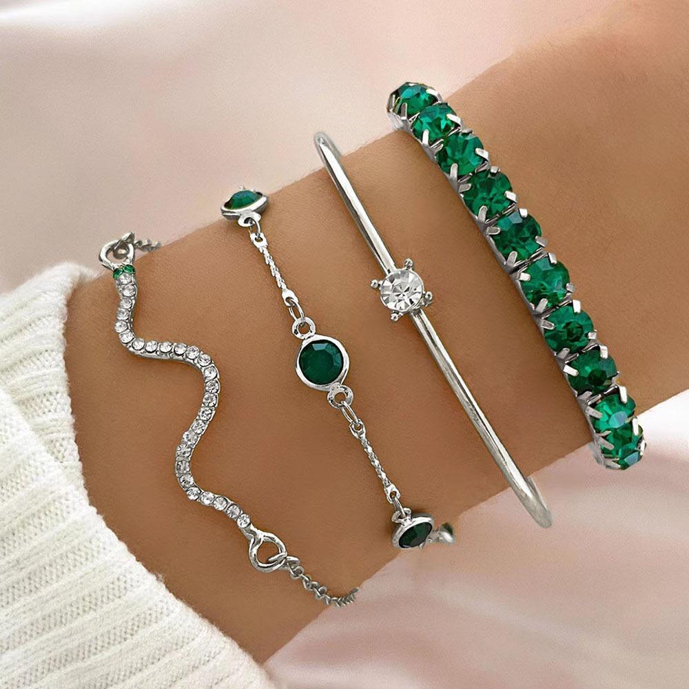 4Pcs/Set Snake Green Gemstone Bangle Rhinestone Punk Jewelry Full Metal Bracelet  Christmas Gift