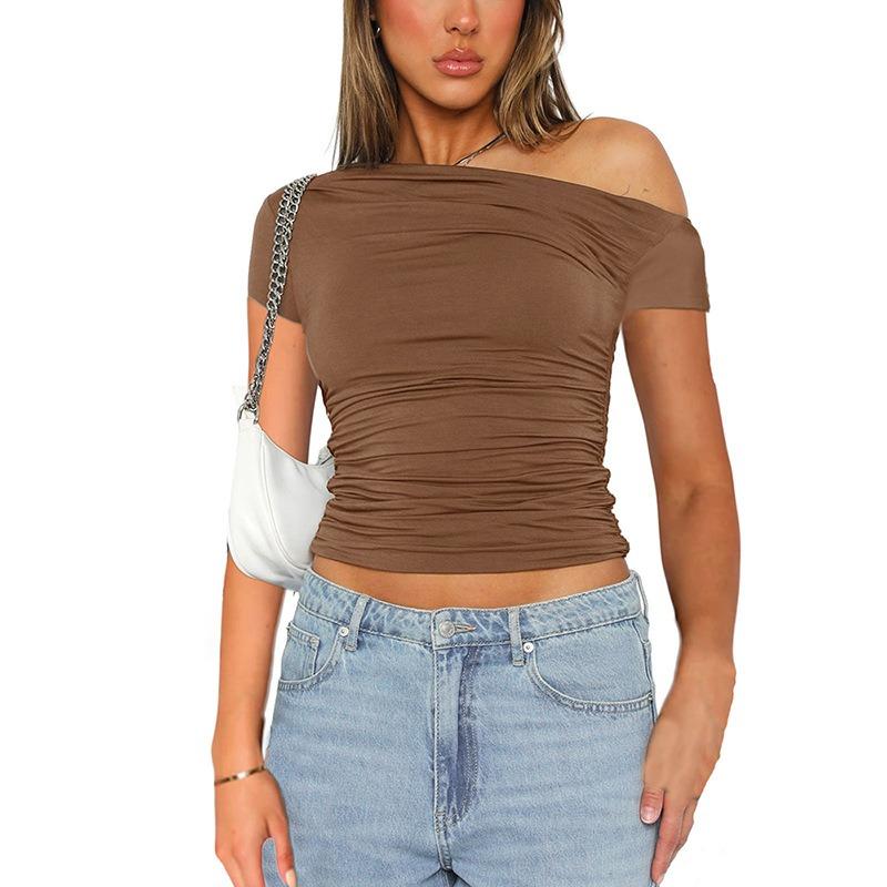 Summer Short Sleeve Slim Fit Casual Crop Tops New Slanted Shoulder Street Wear Women T-shirt Fashion Pleated T Shirt Solid Short Tees