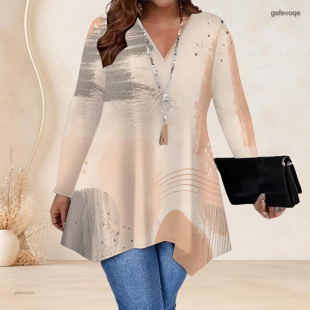 Women Plus Size V Neck Long Sleeve Watercolor Printed Asymmetric Hem Tunic Top