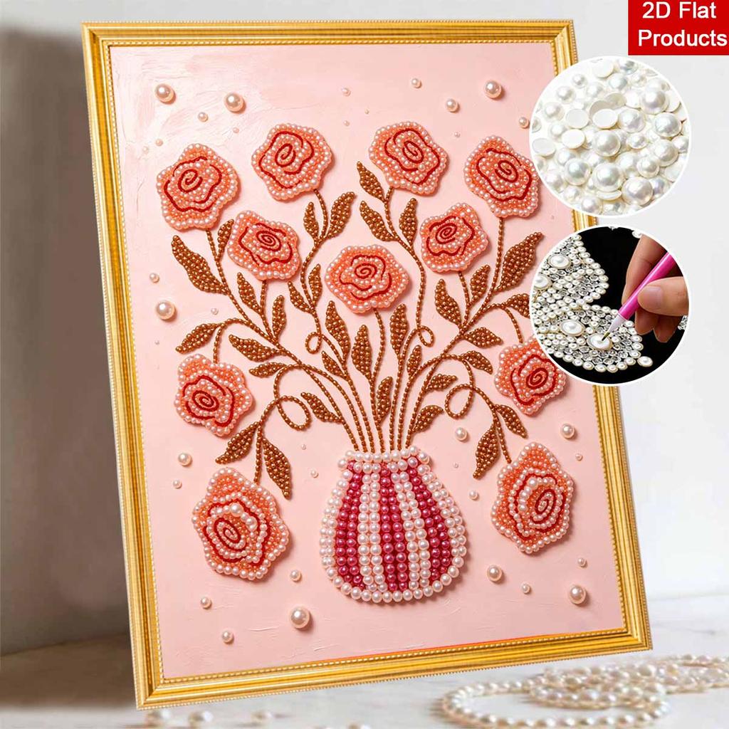 Pearl art canvas wall decoration bedroom living room pearl mosaic flower vase pink aesthetic handmade floral wall art decor