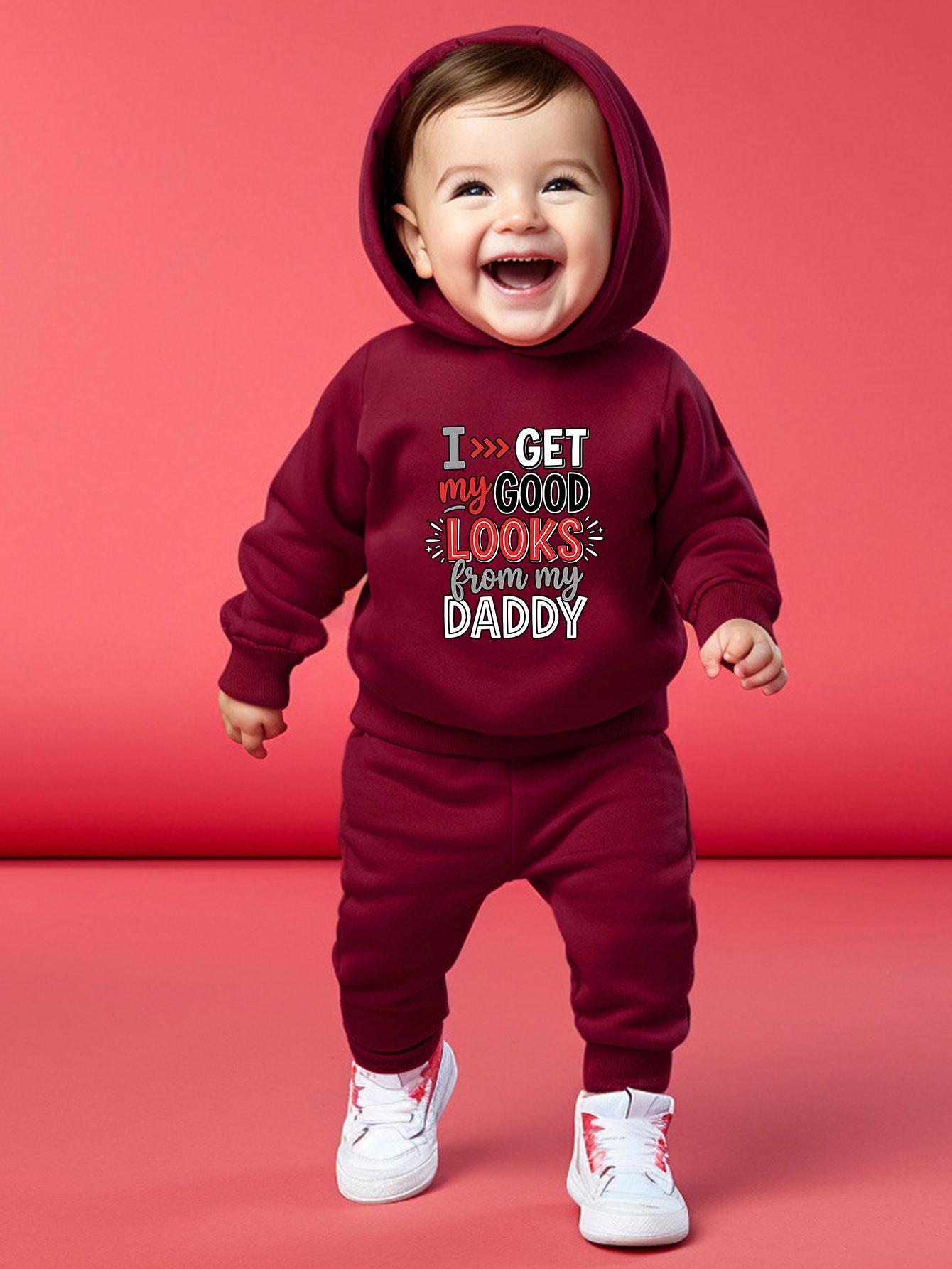 

Boys Two-piece Casual Outfit Set: Fun Graphic Printed Hooded Top with Elastic Waist Cuffed Pants, Cute Daily Outdoor Wear 2-3Y бордовий