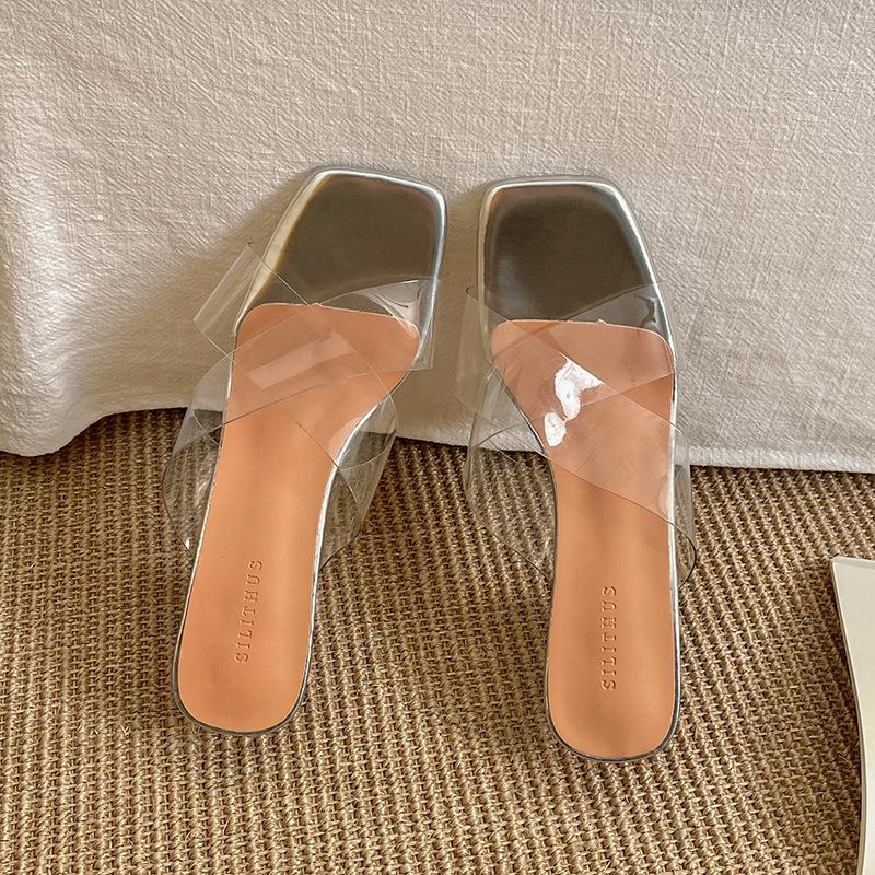 Internet Celebrities Transparent Fairy Style Square Head Thick Heel Slippers Women Summer Wear 2025 New High-end Cool Slippers