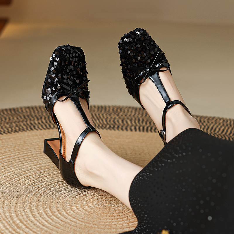 Krazing Pot Paillettenstoff Quadratische Zehenpartie Größe 41 High Heels Bling Glänzend Party Hochzeitsschuhe Herbst Schleife Pumps