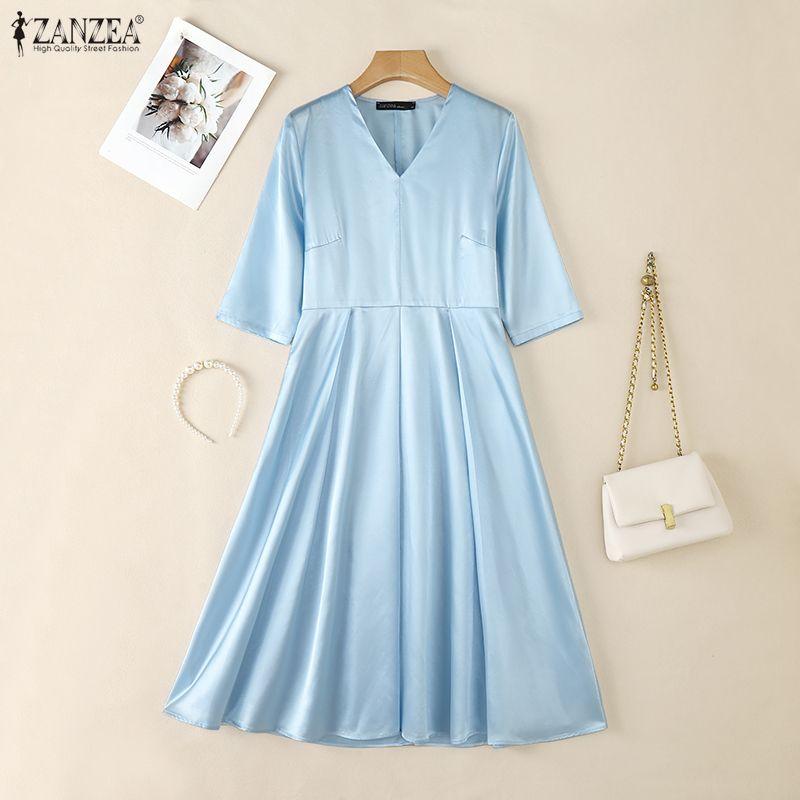 ZANZEA Women Casual V-Neck Elegant Half Sleeve Dress