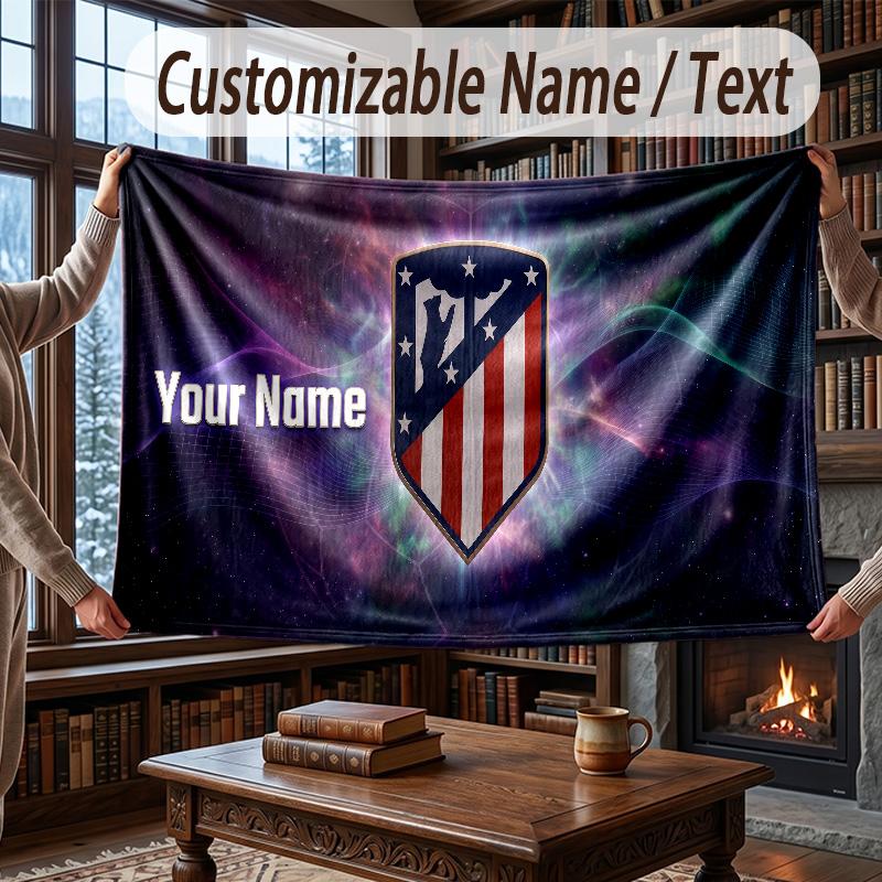 Custom Name Flannel Throw Blanket Atletico Madrid FC Pattern Warm Home Decoration