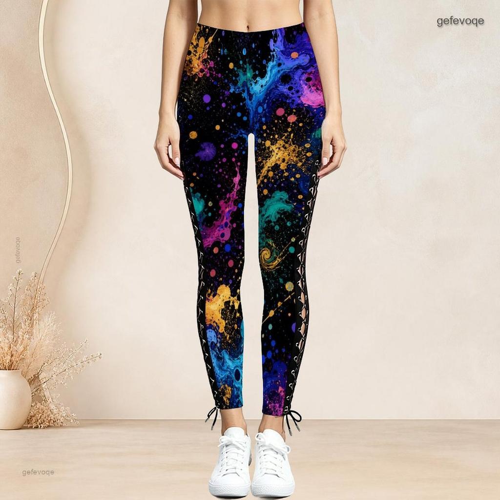 Women Plus Size High Waist Black Gold Printed Side Eyelet Lace Up Full Length Leggings
