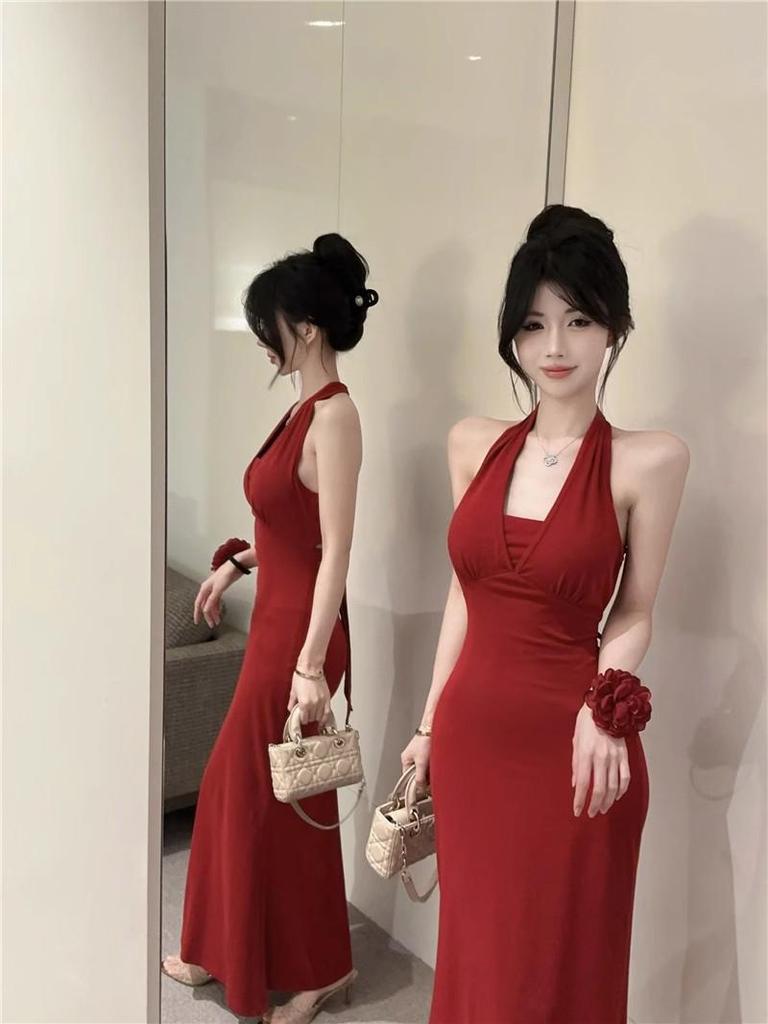 Spicy Girl Halter Bandage Backless Bodycon Fishtail Dress for Spring/Summer