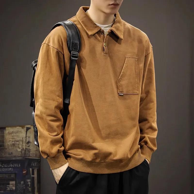 American Retro Trend Loose Autumn Men's Patchwork Polo Collar Button Pocket Fashion Solid Loose Long Sleeved Tops