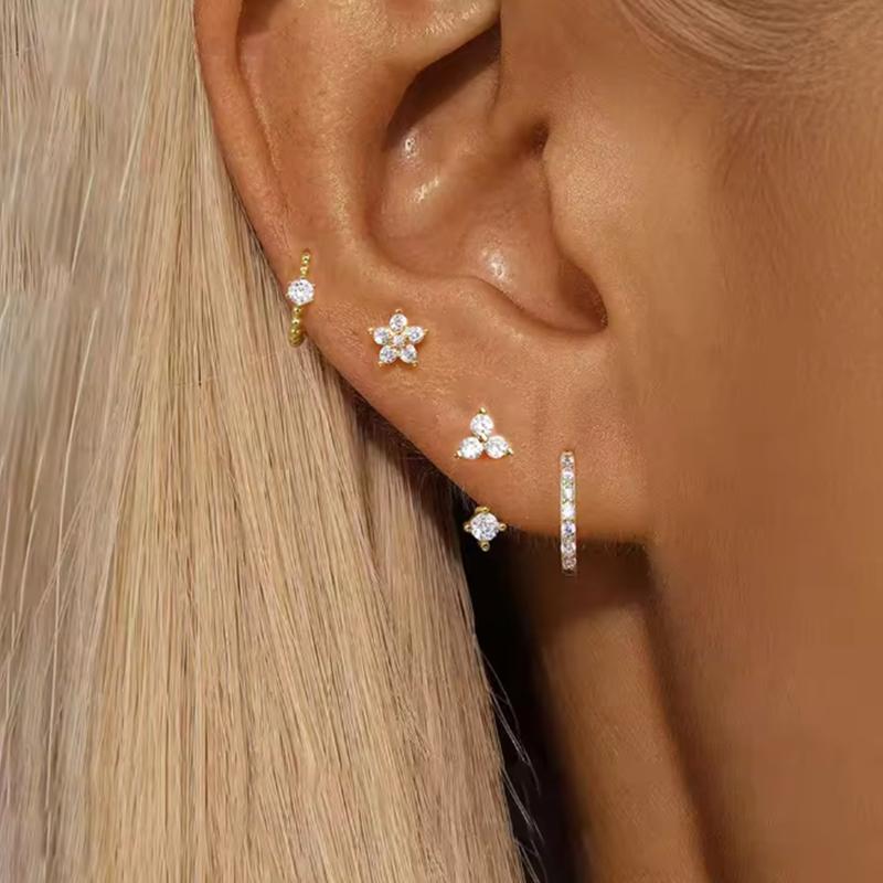 4PCS Fashion Zircon Round Hoop Earring Set Women Temperament Flower Ear Stud Huggie Earring Tragus Piercing Cartilage Jewelry