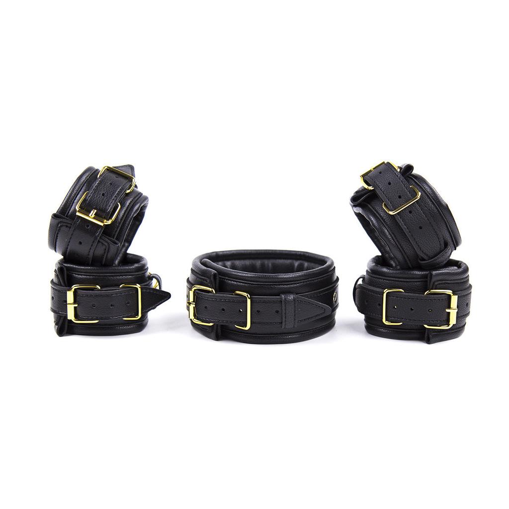 Premium Pu Leather Adjustable Padded Collar Handcuffs & Ankle Cuffs Set With Leash Connectors Black Cuffs & Shackles