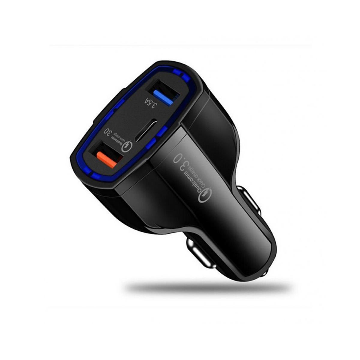 Caricabatteria da auto USB a 3 porte Quick Charge 3.0 Type-C nero