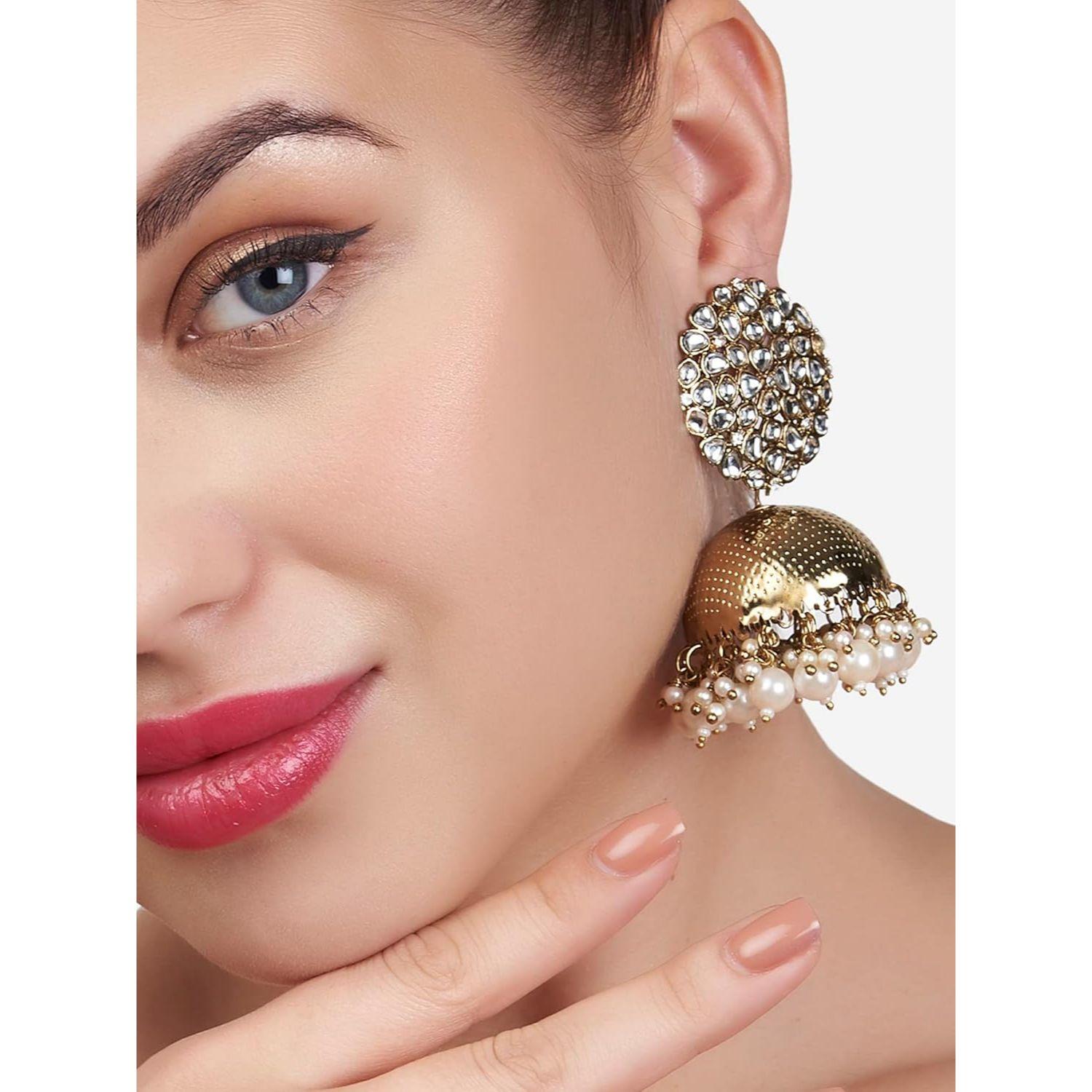

Antique Gold Tone Kundan Embellished Jhumki Earring For Women