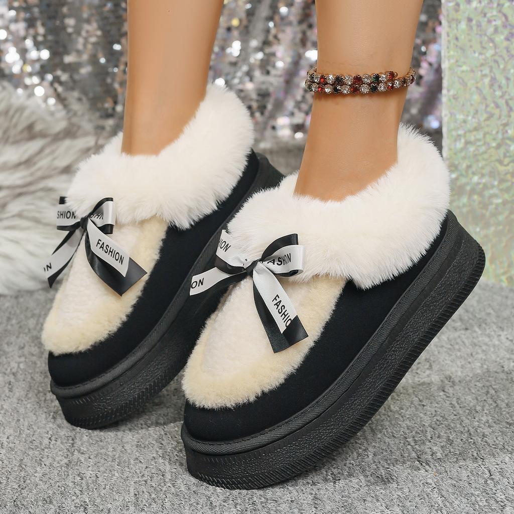 2025 Fall/Winter Plus Size Bow-Adorned Warm Women's Thick-Sole Cotton Boots - Fashionable & Comfortable