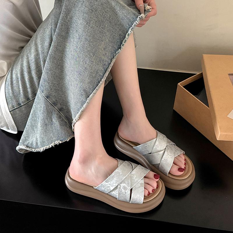 Plateau-Slipper Damen Sommer Außen Tragen Neue Runde Zehen Offene Zehen Kreuzriemen Lässig Rutschfest Strand Flip-Flops