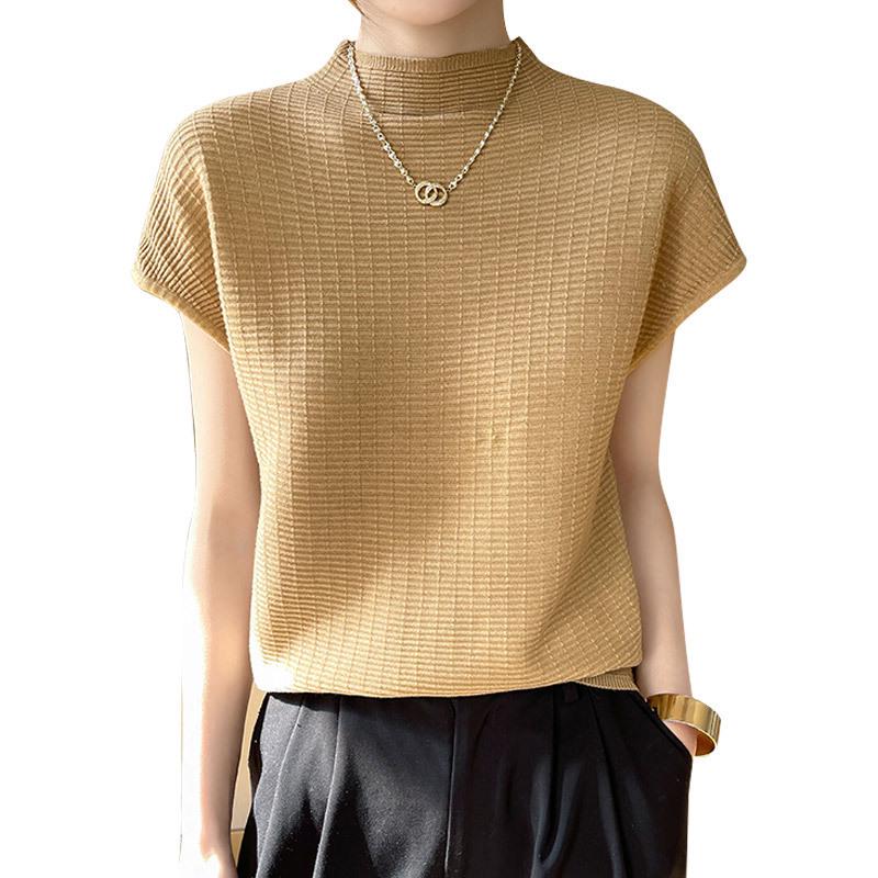 Damen locker gestrickter Pullover mit Kreuzstich, kurzärmelig - Halber Stehkragen, Übergröße, Basisshirt für den Herbst