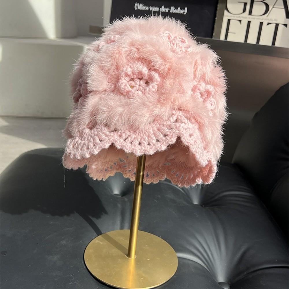 Rabbit Fur Earflap Bucket Hat Warm Plush Hat Trendy Fluffy Knitted Skull Cap  Daily Wear