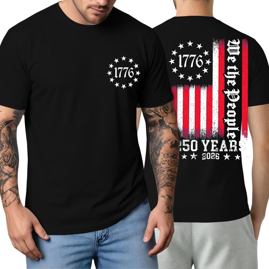 Men's Short Sleeve T Shirt Casual Crewneck Top with 1776 Letter Print and Vertical Stripe Graphic for Everyday Wear 250 Years Edition