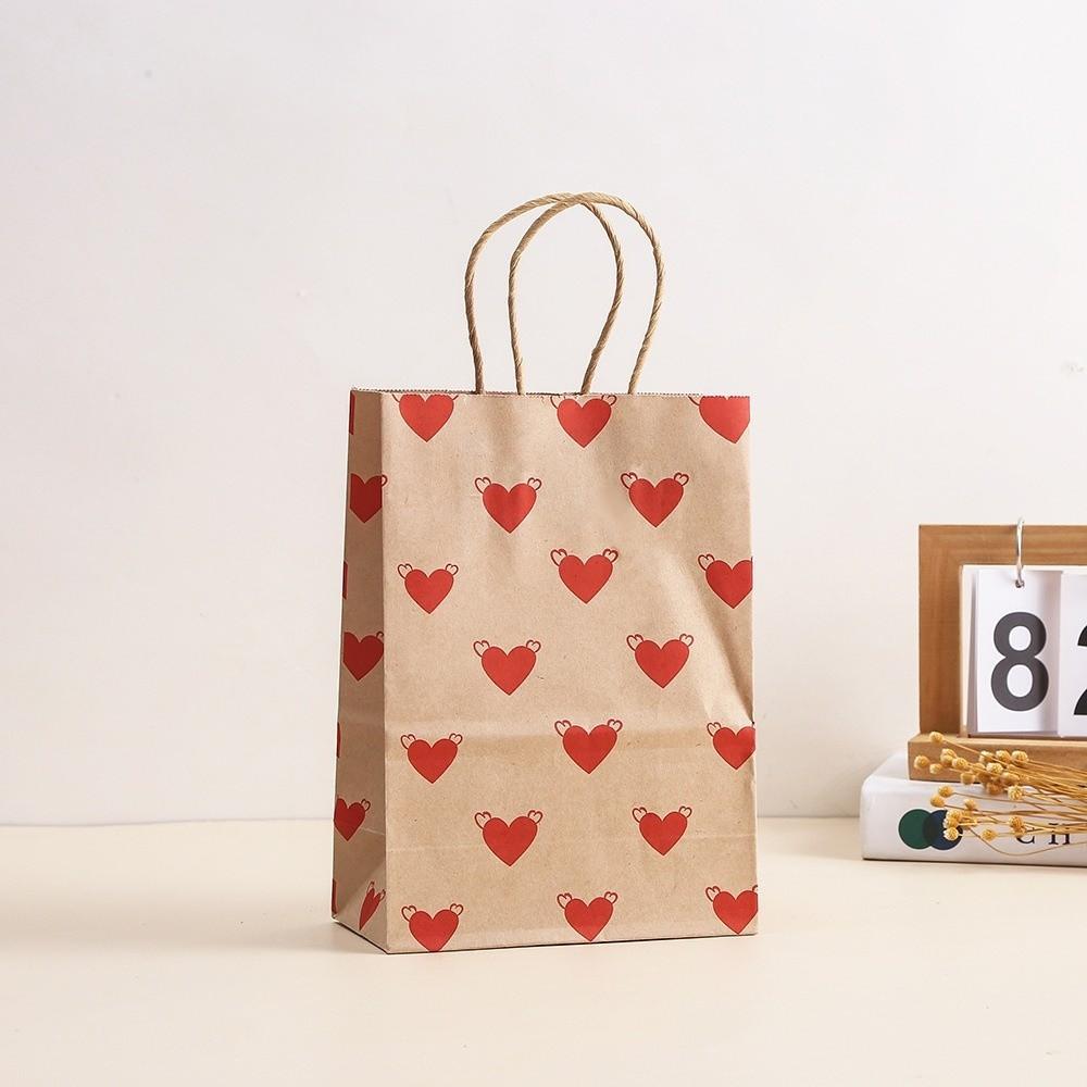 10Pcs Kraft Paper Gift Bags Large Capacity with Handles Love Print Handbag Storage Bag Valentine Day Festival Supplies