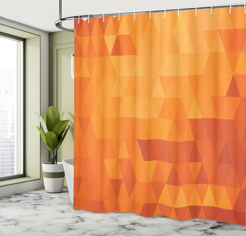 Orange Shower Curtain, Triangle Mosaic Shapes And Patterns With Abstract Pixel Effect Photo Background Cloth Fabric, F