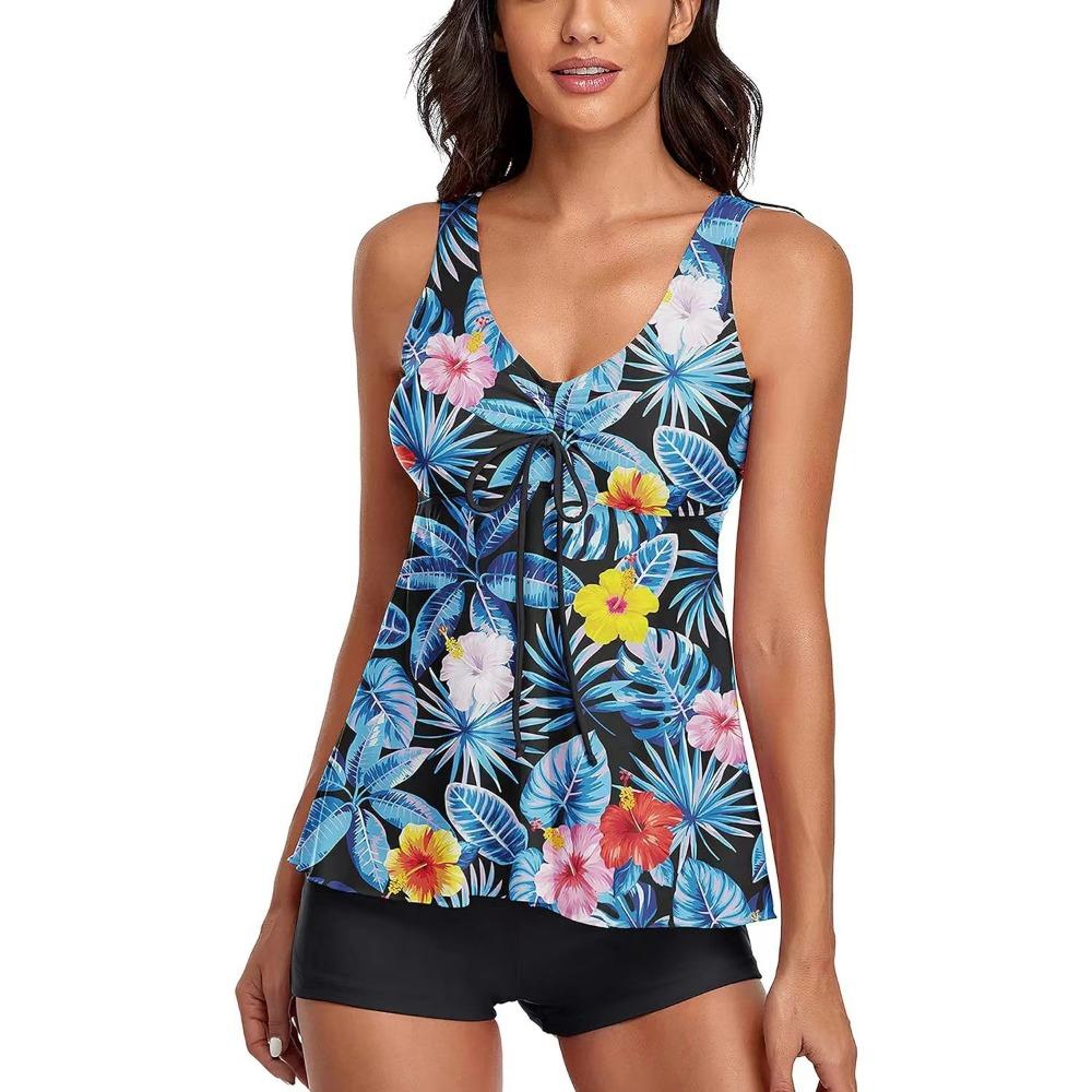European and American Tankini Print Conservative Boxers Skirt Split Swimsuit