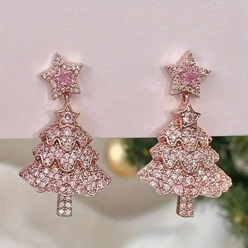 Fashion Christmas Tree Zircon Crystal Star Silver Color Earrings Stud Dangle Xmas  Women Party Gift Hot Sale
