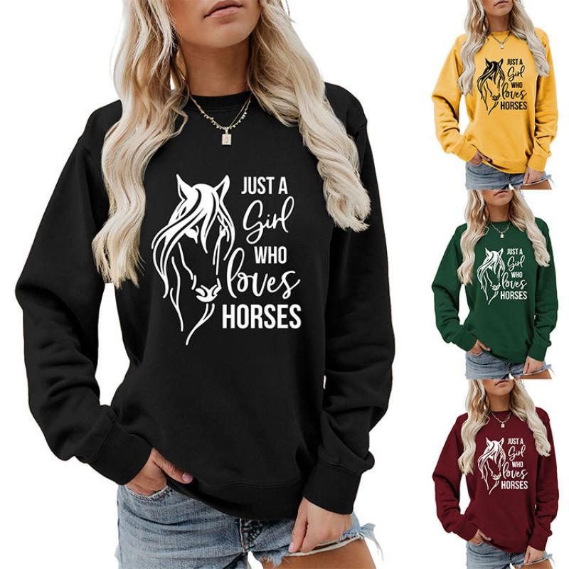 Womens Oversized Long Sleeve Hoodie Top With Horse Lover Graphic Print Cotton Blend Casual Sweatshirt Winter