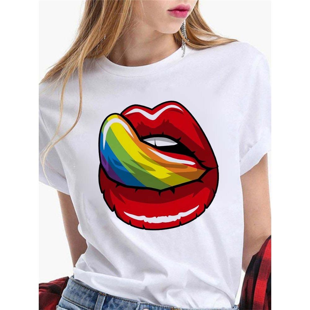Fashion Sexy Red Lip Women T Shirt Funny Kiss Lips Print Ladies T-shirt Casual Basis O-collar Short Sleeves Female Tops Tees
