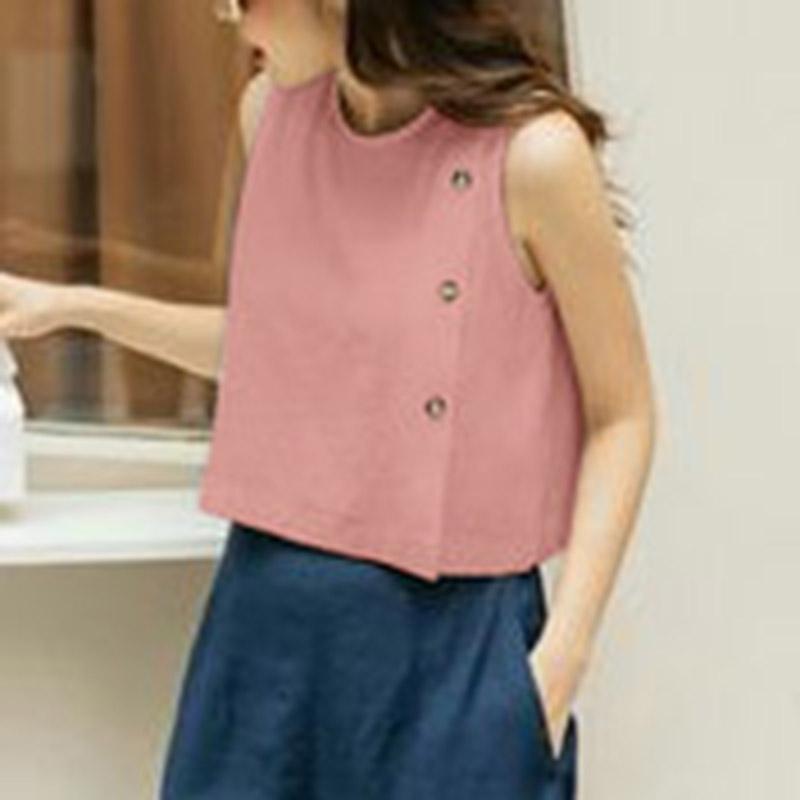 VONDA Women's Summer Round Neck Sleeveless Button Solid Color Casual Tank