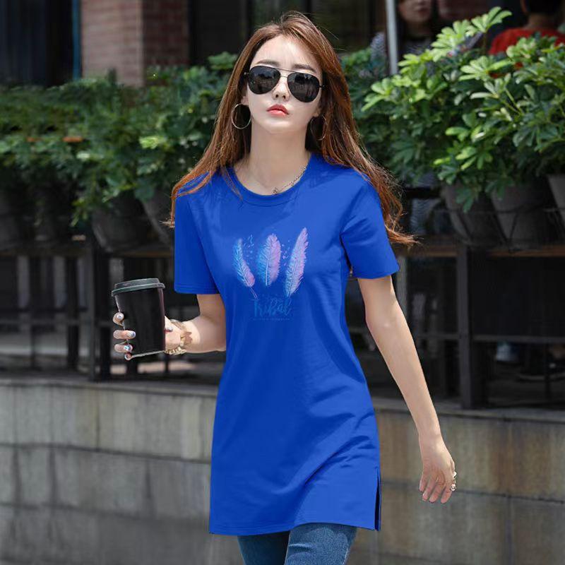 Tricou de vară pentru femei, imprimat, de lungime medie, casual, cu mâneci scurte