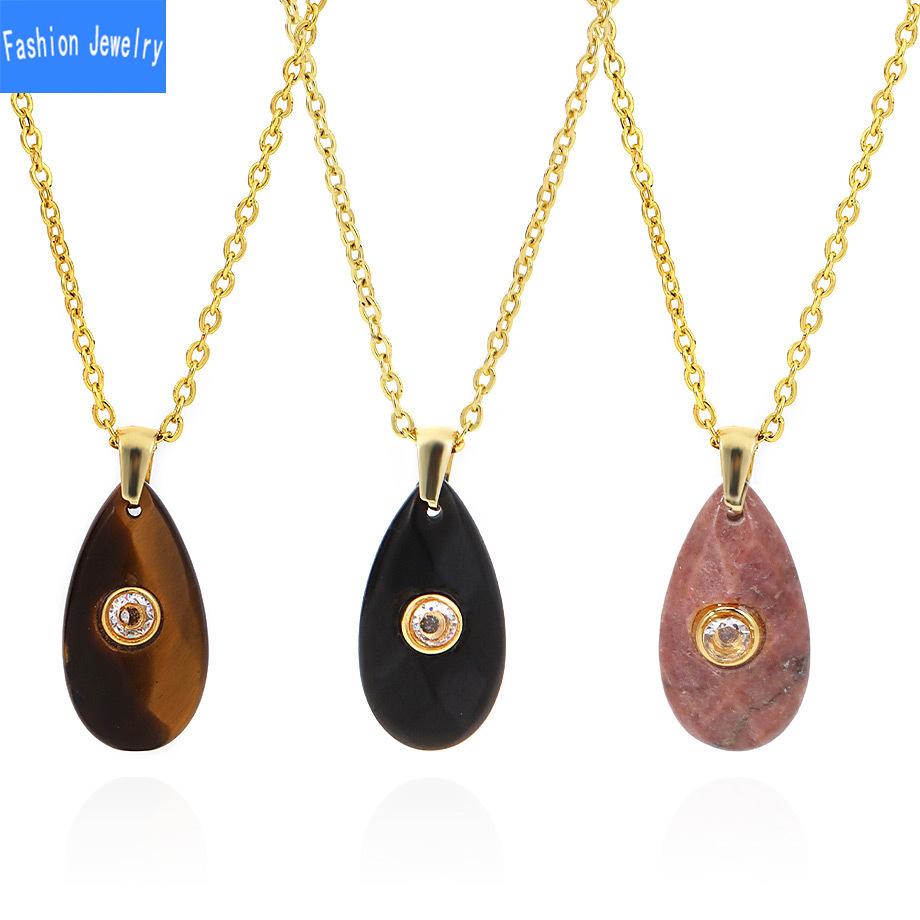 Natural crystal stone faceted water drop pendant micro-paved zircon fashion personalized necklace