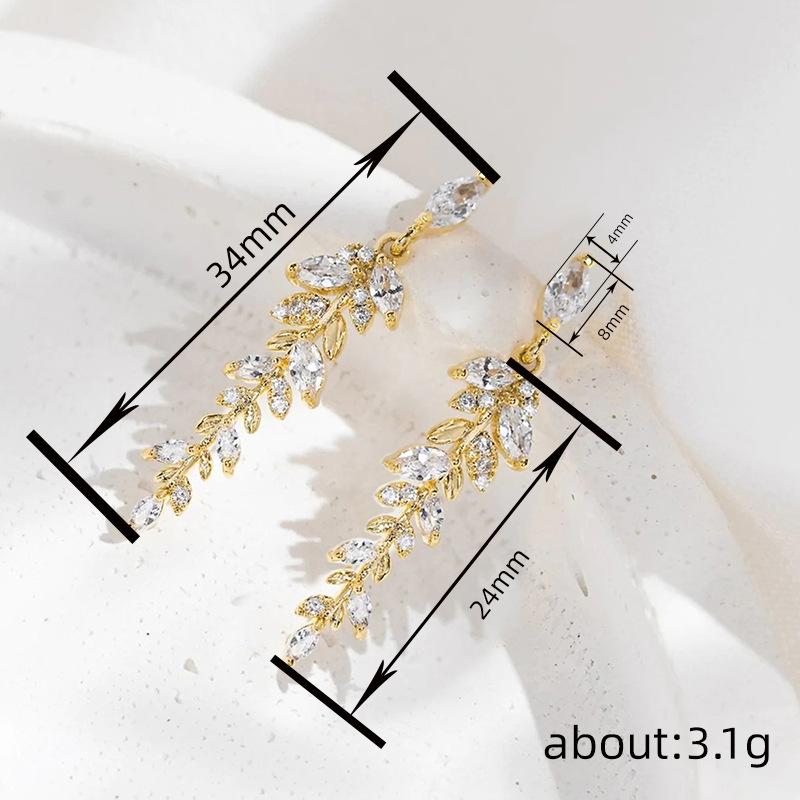 Grape Leaf Pendant Earrings, Marquis and Round Cubic Zirconia Women's Pendant Earrings, Elegant Bridal Wedding Jewelry Gifts