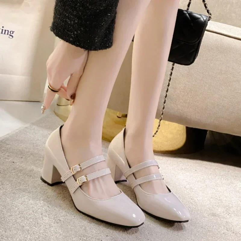 Fashion 2025 Spring Autumn Women Double Buckle Loafers Shoes Leather Square Head Square High Heel Solid Color Women's Mary Janes Pumps