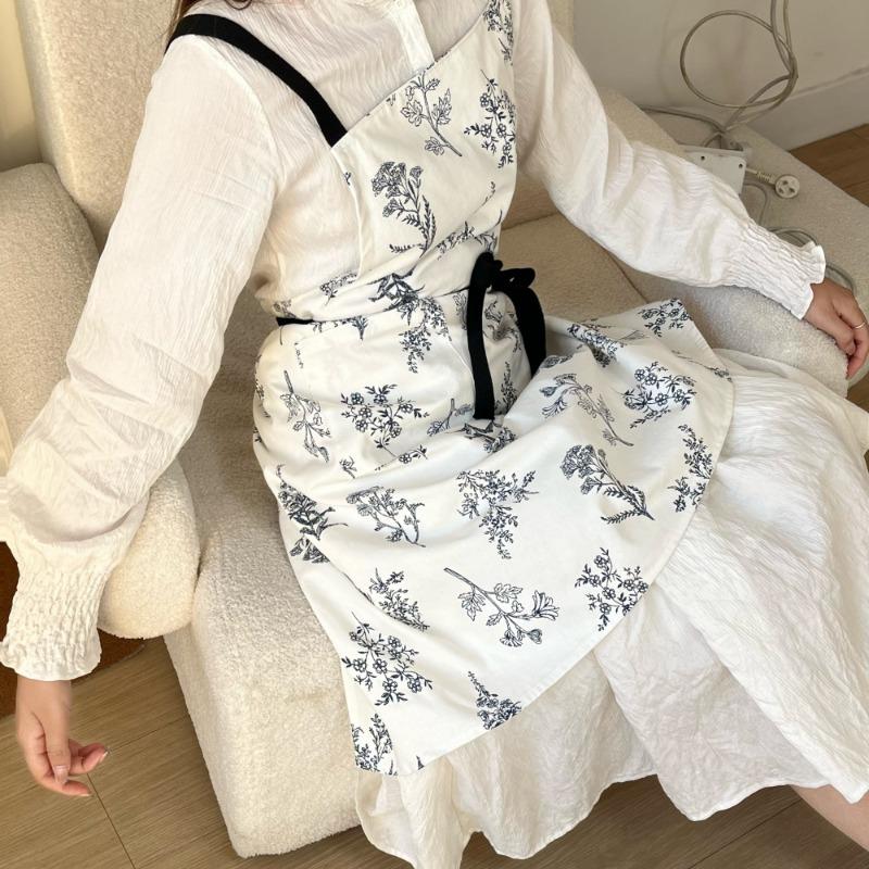 1pc Pure Cotton Canvas Drawstring Apron Black and White Leaf-shaped Apron Korean Style Modern Simple Kitchen Supplies